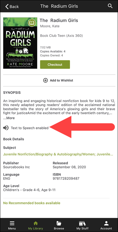 image of title details page with text-to-speech enabled